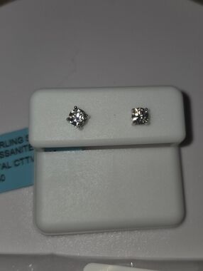 NWT Sterling Silver Moissanite Stud Earrings Screw Backs And 925 Sterling Chain